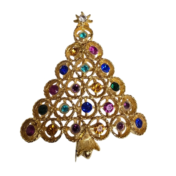 Unbranded Jewelry - Christmas Gold Tone Pin Brooch Multi Colored Rhinestones Holidays Attire Star